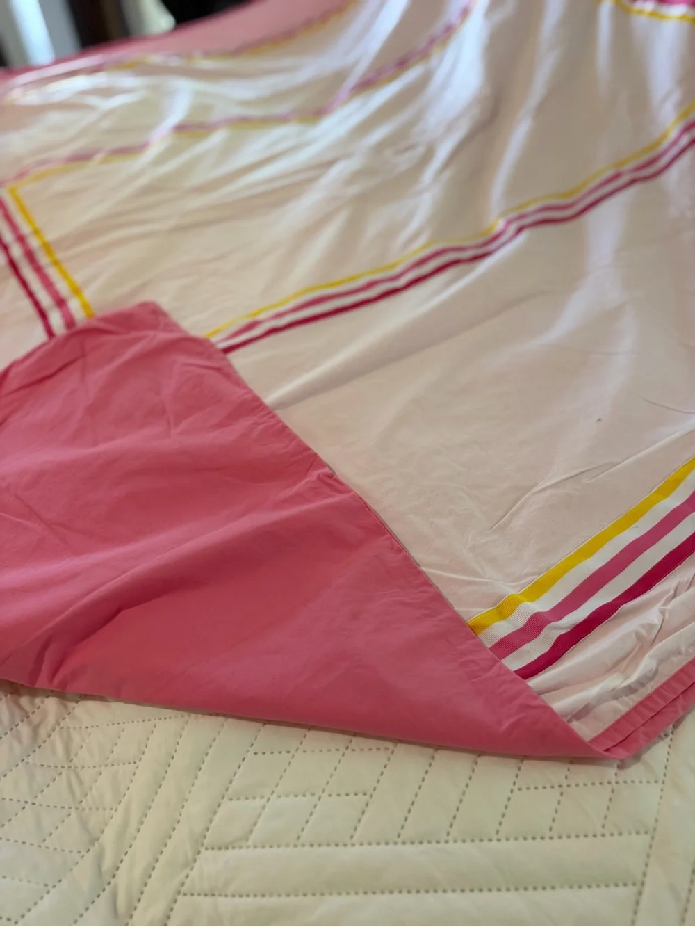 Pottery Barn Kids Pink Duvet Cover with Yellow & Fuchsia Stripe Accents